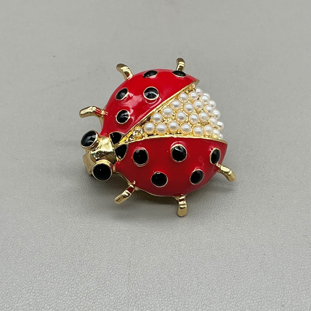 Talbots Ladybug Brooch Pin Women Red Enamel Faux Pearl Gold Tone Fashion Jewelry